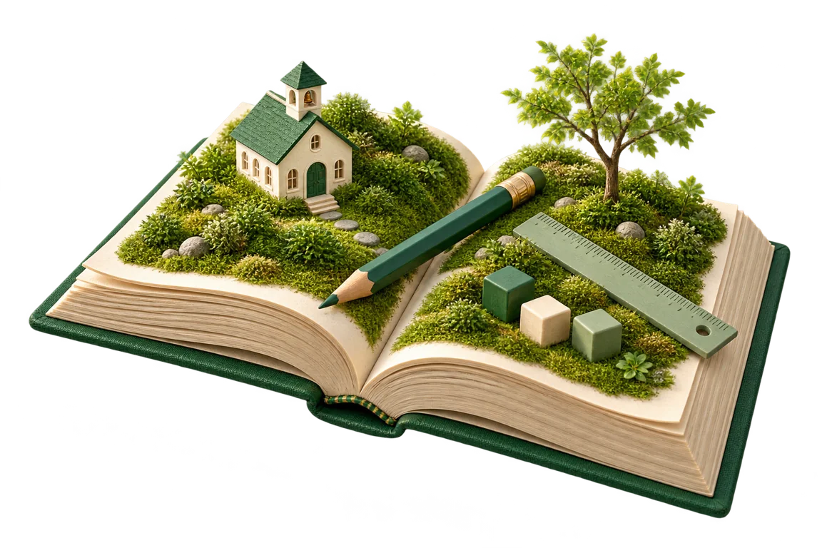 An open book carrying a miniature school, pencil and learning garden